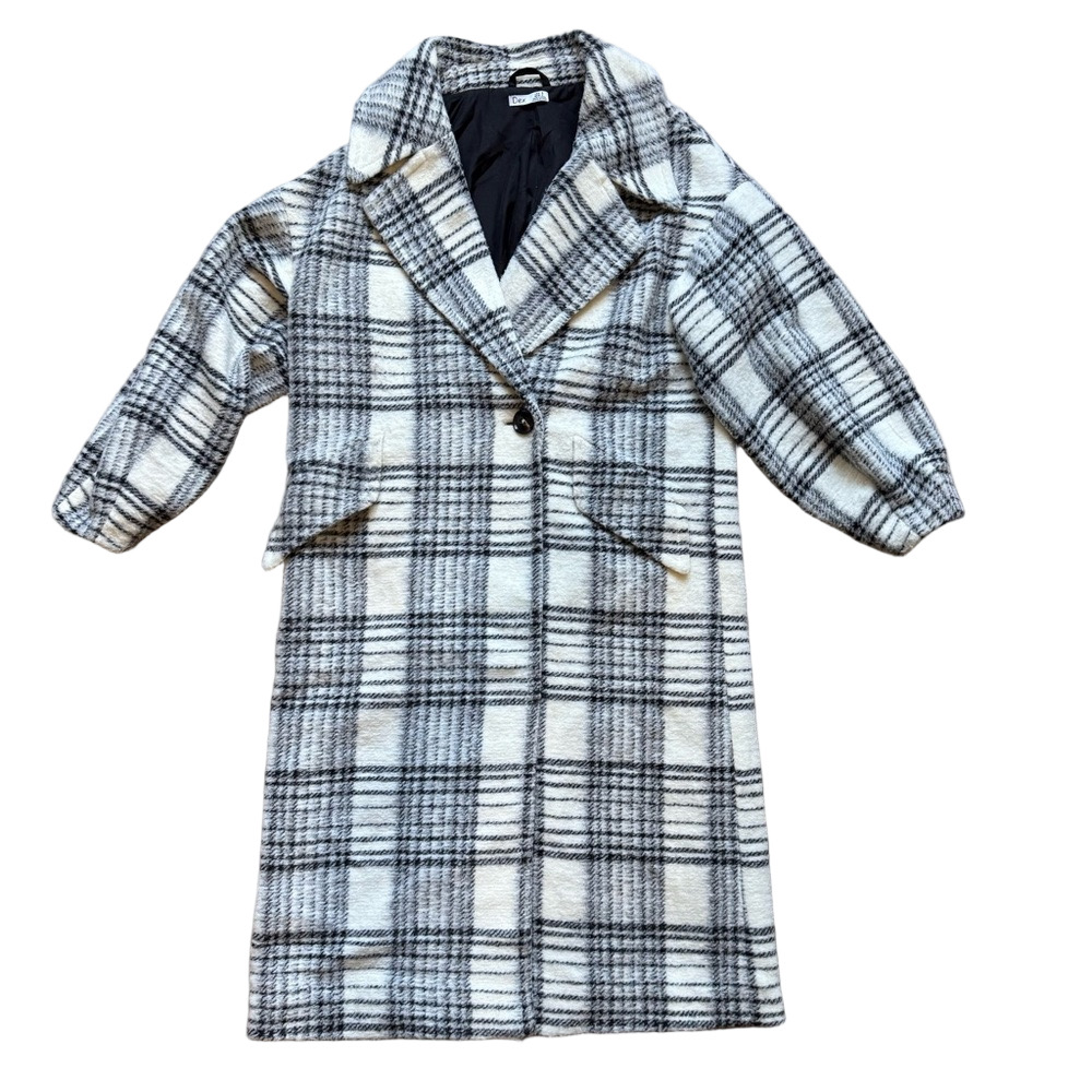 Dex Black and Cream White Plaid Trench Pea Coat Size S Cozy Winter - Picture 2 of 15